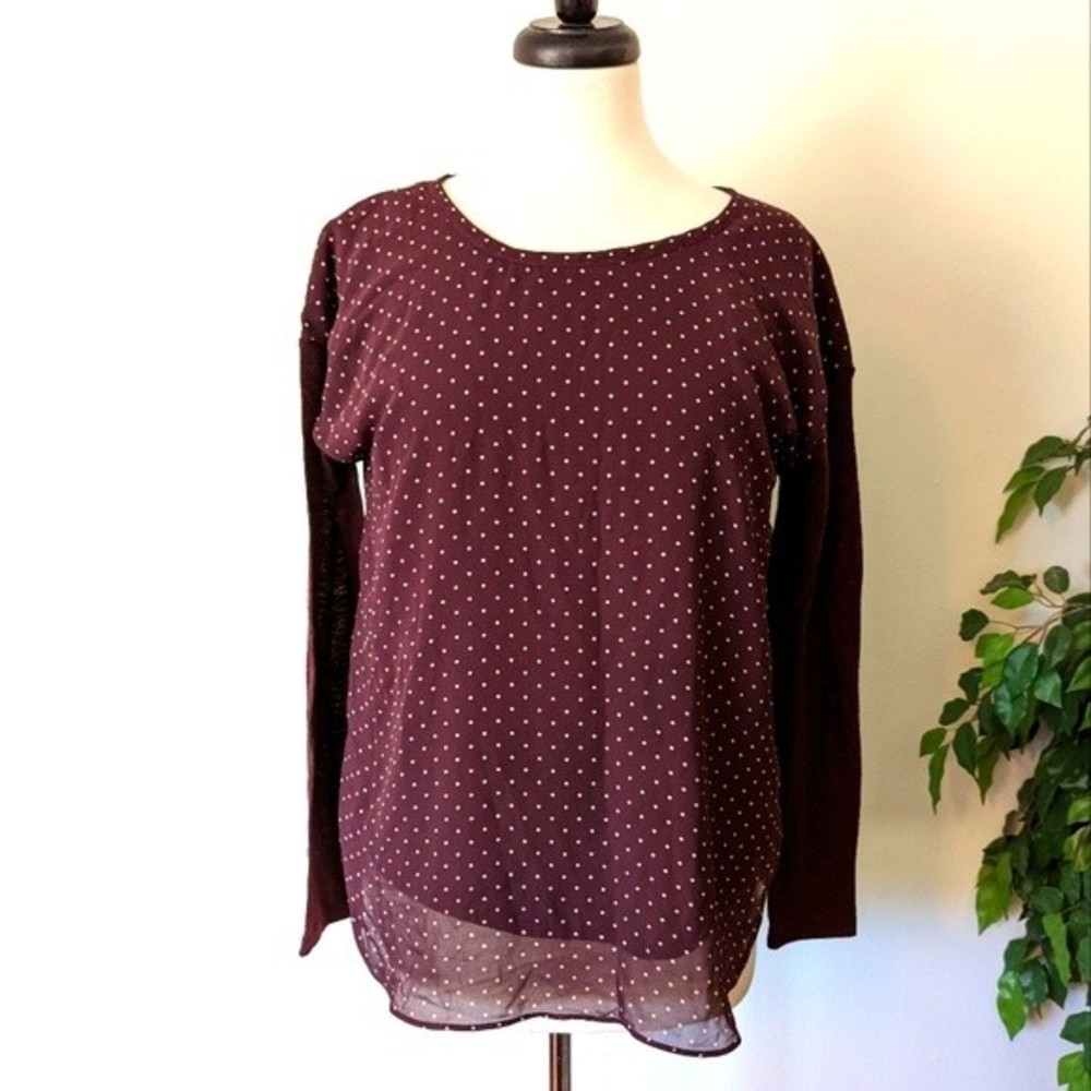 Ann Taylor Maroon Polka Dot Long-Sleeve Blouse